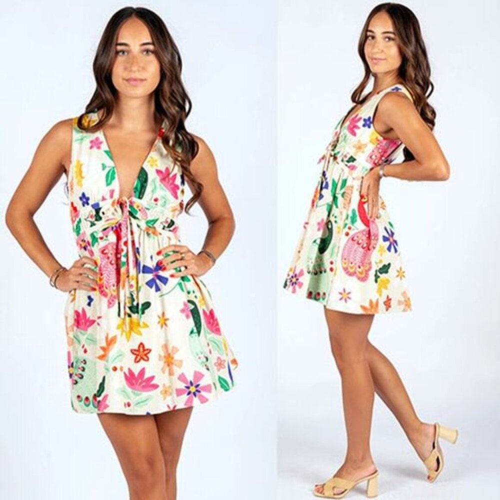 NWT Sincerely Ours Ellie Poplin Cream Floral Sleeveless Fit and Flare Mini Dress
